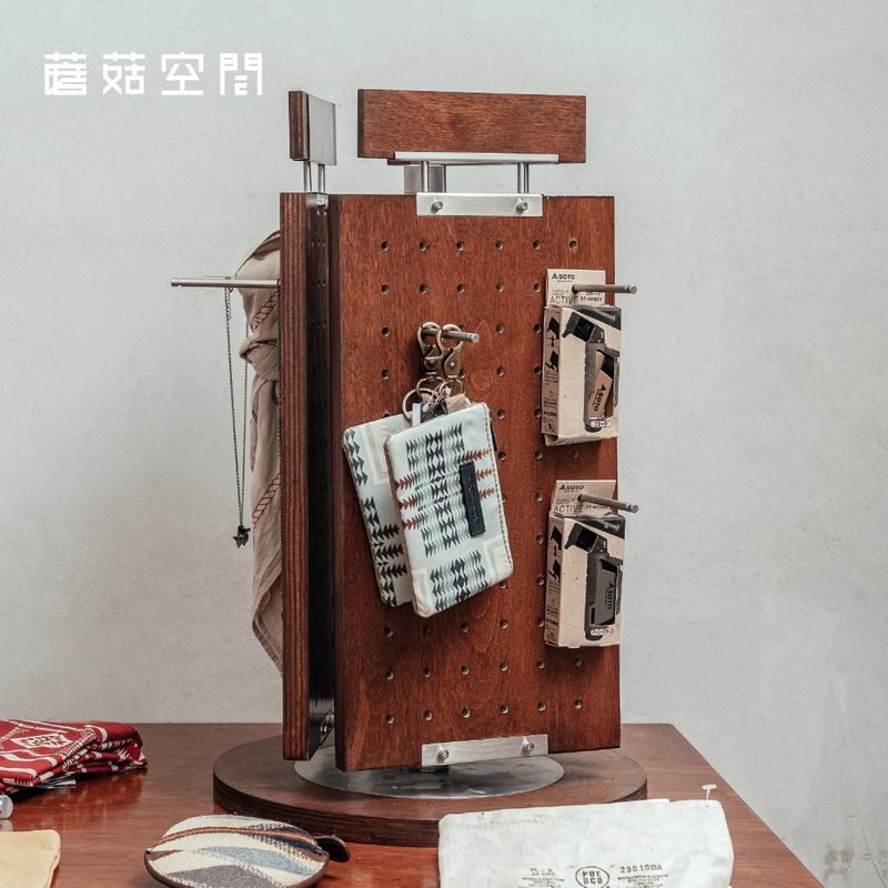 Mushroom Space Rotating Pegboard Display Rack Three-Sided Rotating Vintage Industrial Style Storage Rack Wooden Jewelry Hanger