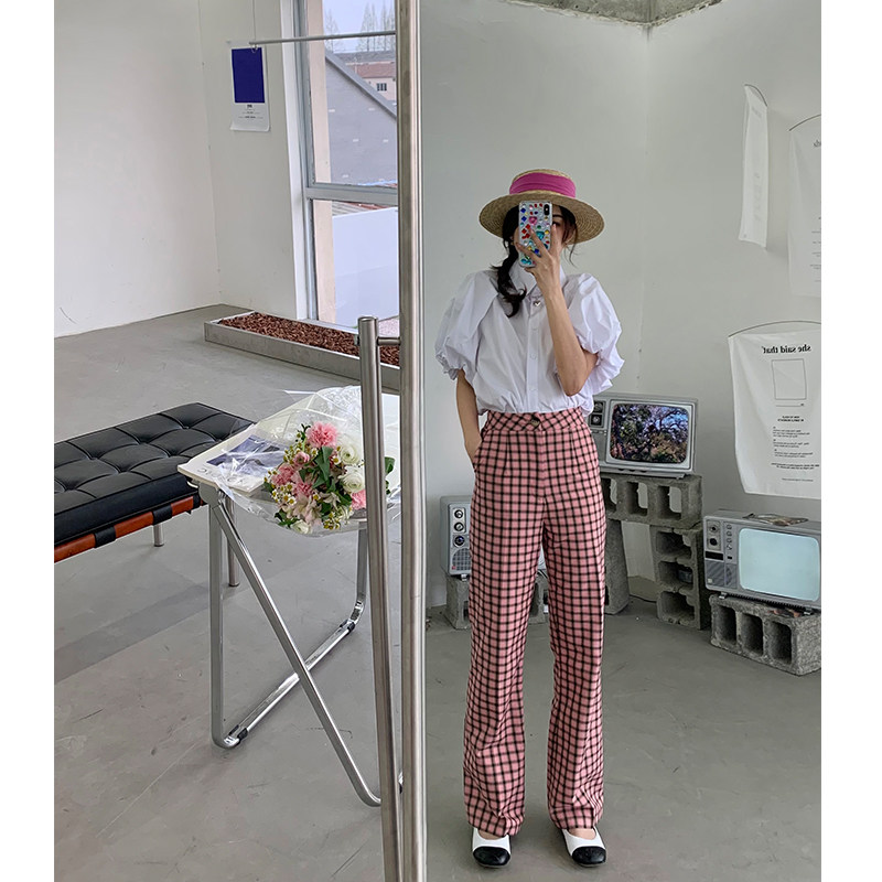 NORA pink lattice pants women spring 2022 retro casual slim high waist split wide leg pants loose straight pants