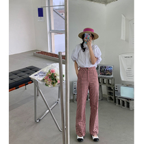 NORA pink plaid pants women's spring 2022 retro casual slim high waist split wide leg pants loose straight pants