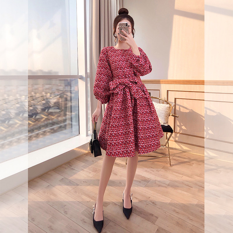 Red skirt New Year clothes shirt New Year lantern sleeves 2022 new women's spring dress French red dress