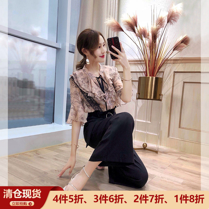 Chiffon shirt two-piece set 2022 spring new women's clothing age-reducing baby bag pants fashion western style wide-leg pants set - Taobao