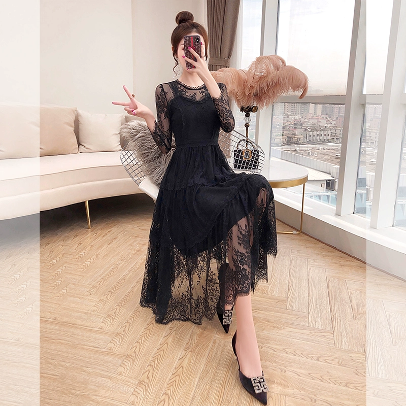 Váy nhỏ màu đen phong cách Hepburn mùa thu năm 2021 quần áo phụ nữ mới đầu mùa thu khí chất eo thon váy ren đen - váy đầm