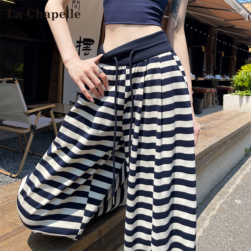 La Chapelle Navy Blue Striped Wide-Leg Pants for Women 2026 Summer Thin Style Lazy High-Waisted Drape Straight-Leg Floor-Length Pants