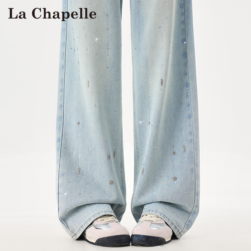 La Chapelle Light-Colored Star-Studded Wide-Leg Jeans for Women, New Spring and Autumn Design, High-Waisted Straight-Leg Floor-Length Pants