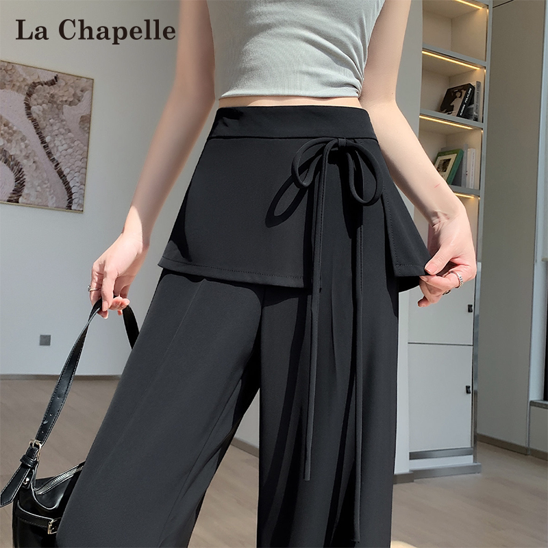 La Chapelle Black Faux Two-Piece Wide-Leg Skirt Pants for Women, Summer 2026, Thin and Very Stylish, with a Great Drape Effect, Straight-Leg Pants