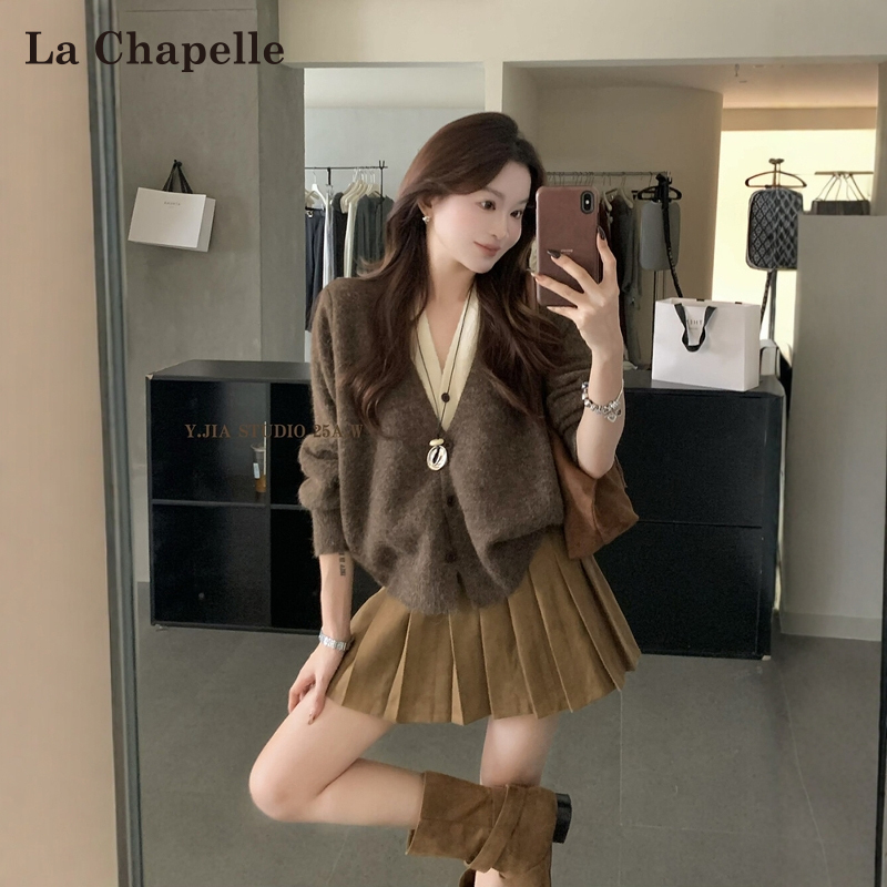 La Chapelle Color-Blocked Sweater Cardigan for Women, New Autumn Style, Relaxed Fit, Melard Coffee Color, Faux Two-Piece Knit Top