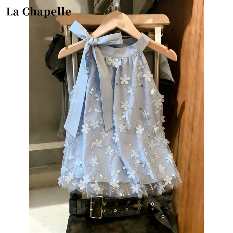 La Chapelle Sequined Floral Mesh Camisole for Women, Summer Thin Design with Bow, Sleeveless Lace Top