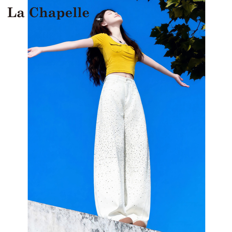 La Chapelle White Rhinestone Wide-Leg Jeans for Women, New Spring/Summer Style, Sparkling High-Waisted Loose Fashion Scimitar Pants