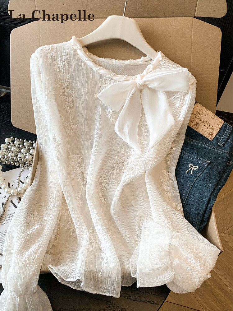 La Chapelle French-Style Bow Chiffon Embroidered Shirt for Women, New Spring and Autumn Sweet and Gentle Style Long-Sleeved Lace Top