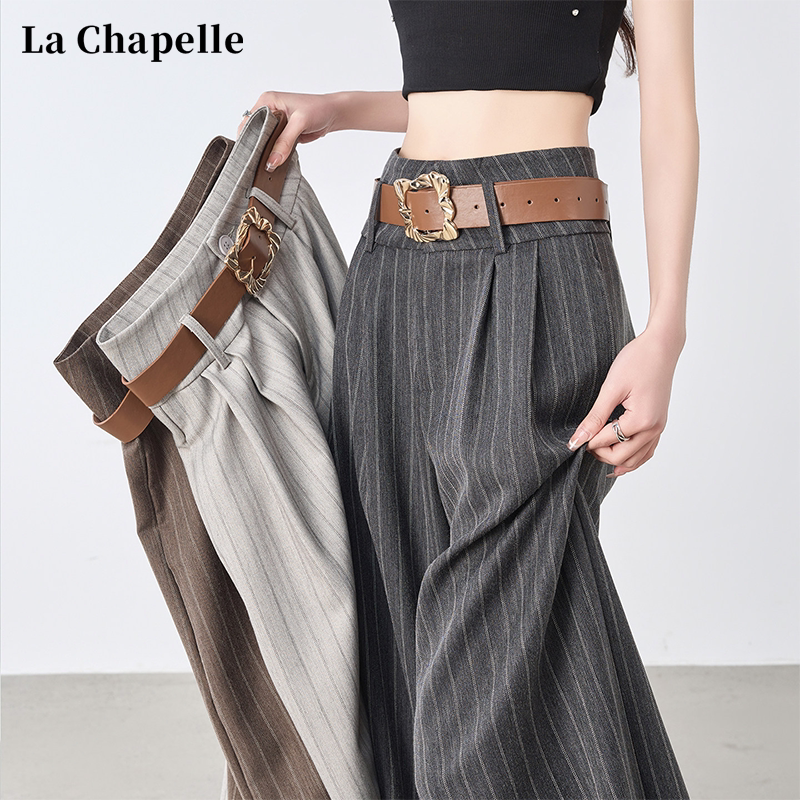 La Chapelle Old Money Style Striped Ice Silk Suit Wide-Leg Pants for Women, Summer Thin High-Waisted Drapey Casual Straight Pants