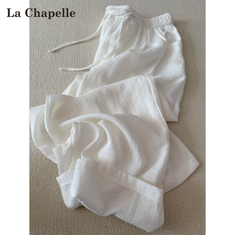 La Chapelle Apricot Ice Silk Linen Wide-Leg Pants for Women, Summer Thin Style, Petite, Lazy Style, Straight-Leg Floor-Length Pants