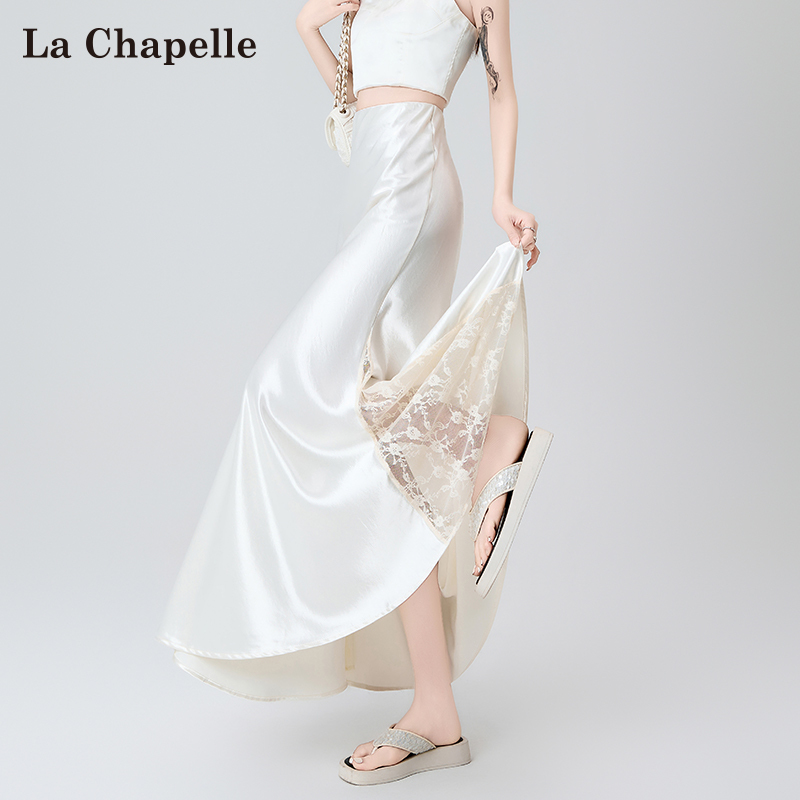 La Chapelle Acetate Satin Hip-Hugging Skirt for Women, Summer Thin A-Line Lace Splicing Mesh Fishtail Long Skirt