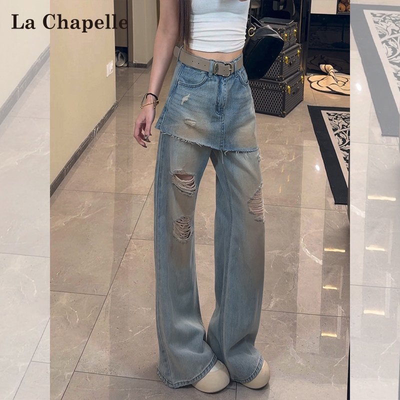 La Chapelle Faux Two-Piece Flared Jeans with Ripped Details for Women, Summer New Style, Pear-Shaped Body Slimming Elastic Flared Pants