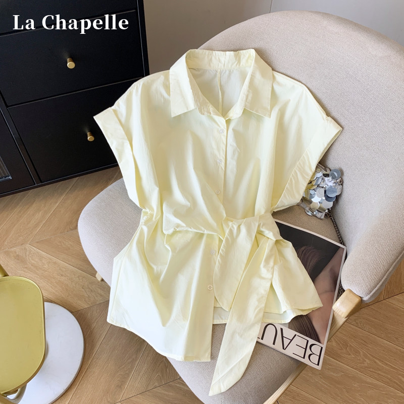 La Chapelle Irregular Tie Short-Sleeve Shirt for Women, Summer Thin Design, Waist-Cinching, Slimming Shirt, Base Layer Shirt