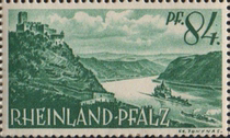 German Rhineland Pfalz State Stamps 1947 Danube Castle Architecture has a yellow spot