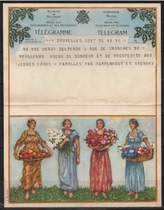 Belgian telegraph newspaper. Barefoot girl in skirt holding various flowers and rattan basket.