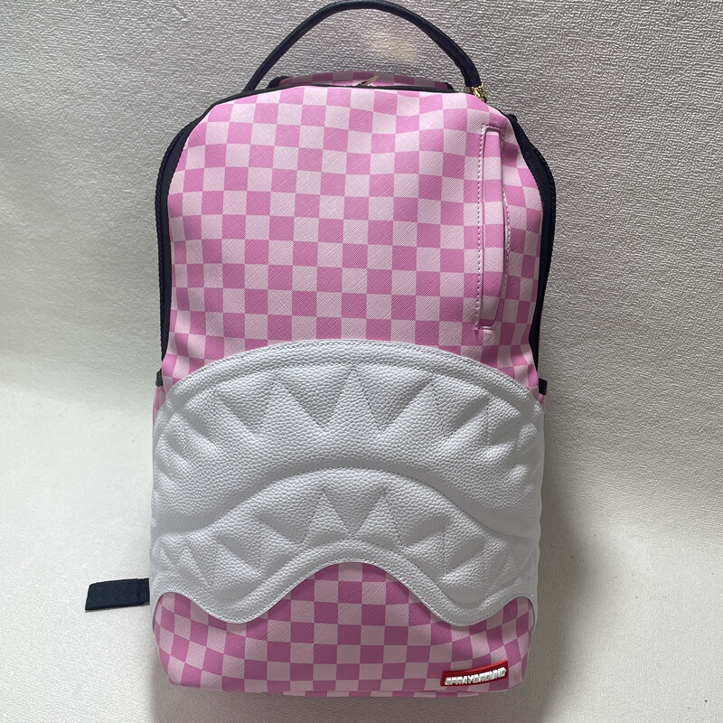 Sprayground Genuine 2026 New Large-Capacity Double-Shoulder Travel Pink and White Checkerboard Shark Mouth Backpack