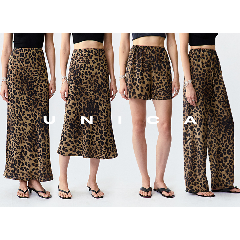 Unica/Snow Leopard Pants Bi-Bai Double Crepe Mulberry Silk Flowy Paris Leopard Print Fishtail Skirt Shorts Casual Air Pants