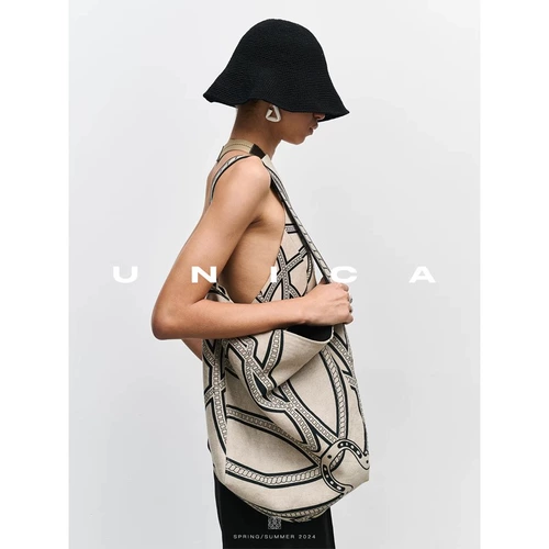 UNICA/Практическая и модная оригинальная холщовая сумка с тотемом пони_Тканая дизайнерская сумка из необработанного льна с принтом