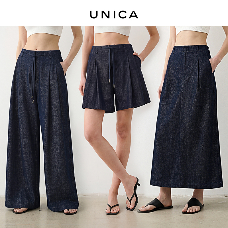 Unica/Fashionable and Avant-Garde, Fine Shimmer and Lightweight_Original Denim Color Drawstring Denim Bermuda Shorts, Long Pants/Straight Skirt