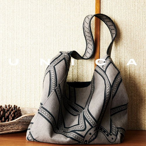 UNICA/Практическая и модная оригинальная холщовая сумка с тотемом пони_Тканая дизайнерская сумка из необработанного льна с принтом