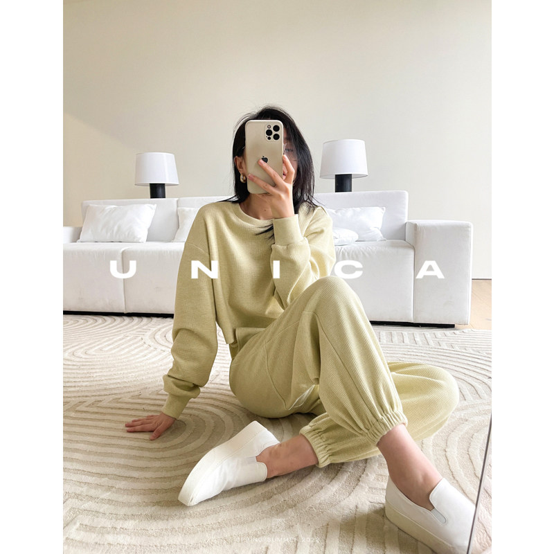 UNICA skin-friendly breathable texture waffle dyed fabric_fashionable coconut color_sweet pants all-match sports suit