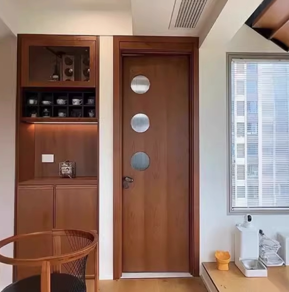 Used Walnut-Colored Perforated Door, Solid Wood Composite Lacquered Bathroom Glass Door, Kitchen Bedroom Room Door