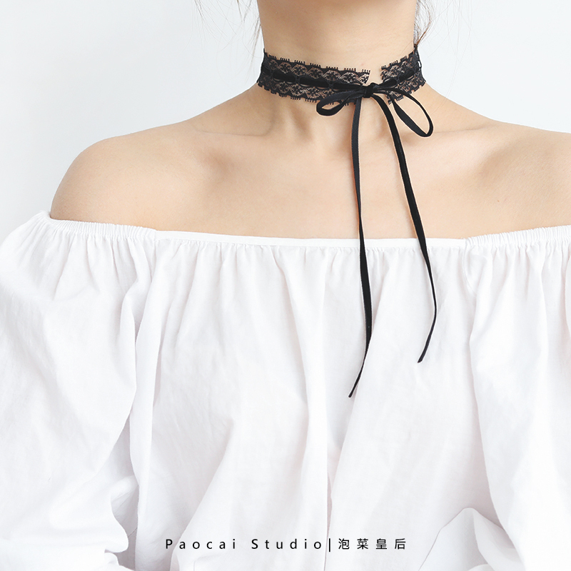 Black lace choker neck strap tie bow collarbone chain sweet little fairy long version choker necklace ring female