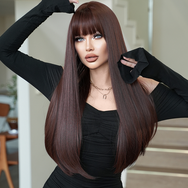 7Jhhwigs Red-Brown Long Straight Wig for Women, European and American Style, Suitable for Daily Use, with Bangs, Synthetic Wig Cap