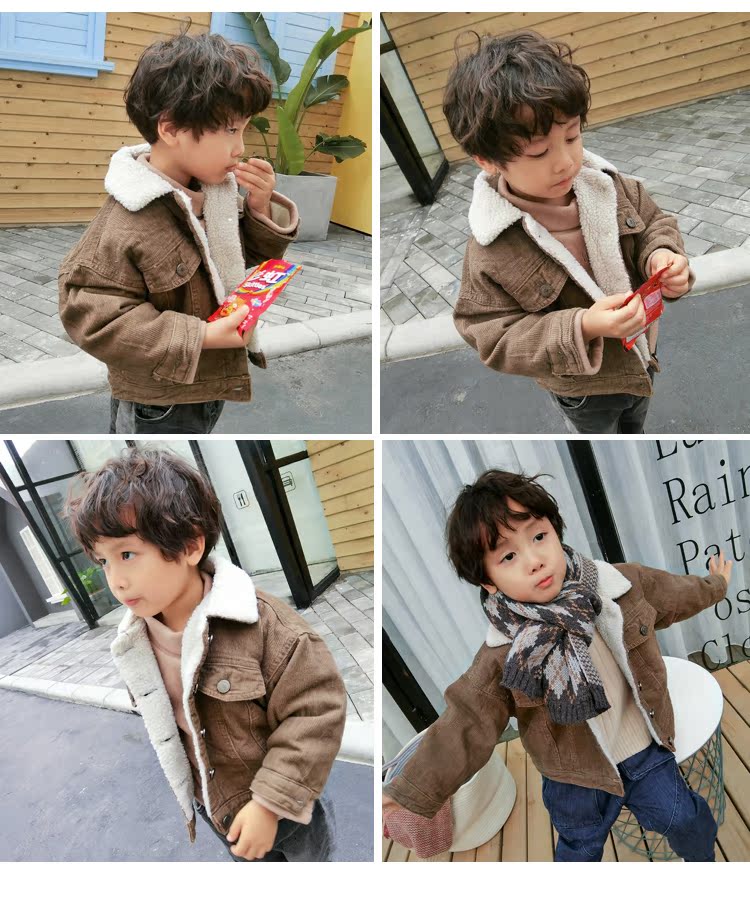 Chao Ma Feifei 2018 Winter New Boy Lamb Fur Jacket Children Corduroy Thicken Áo khoác ấm áo phao bé gái
