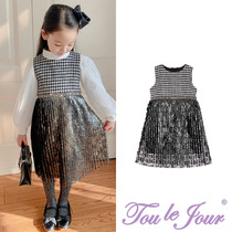 Toullejour girl dress low-key luxury gig silver leaf lace print bronzed with waist seal jacket dresses dress dress