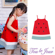 Toullejour Girl Fashion Design Children Anecdotes Summer Watermelon Hanging Band Dress Cool Casual Sleeping Dress With Underskirt