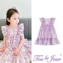 Toullejour girl dress spring summer heat pin Bohemian butterfly sleeve lace skirt hem Suzulan printed dress