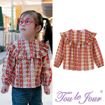 Toullejour girls clothing retro round arc York agaric lace decorated with star vertical bar printed long sleeve shirt