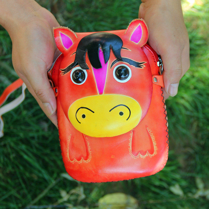 Genuine leather handmade cartoon little horse mobile phone bag student children gift shoulder back inclined satchel double shoulder bag hard leather styling bag