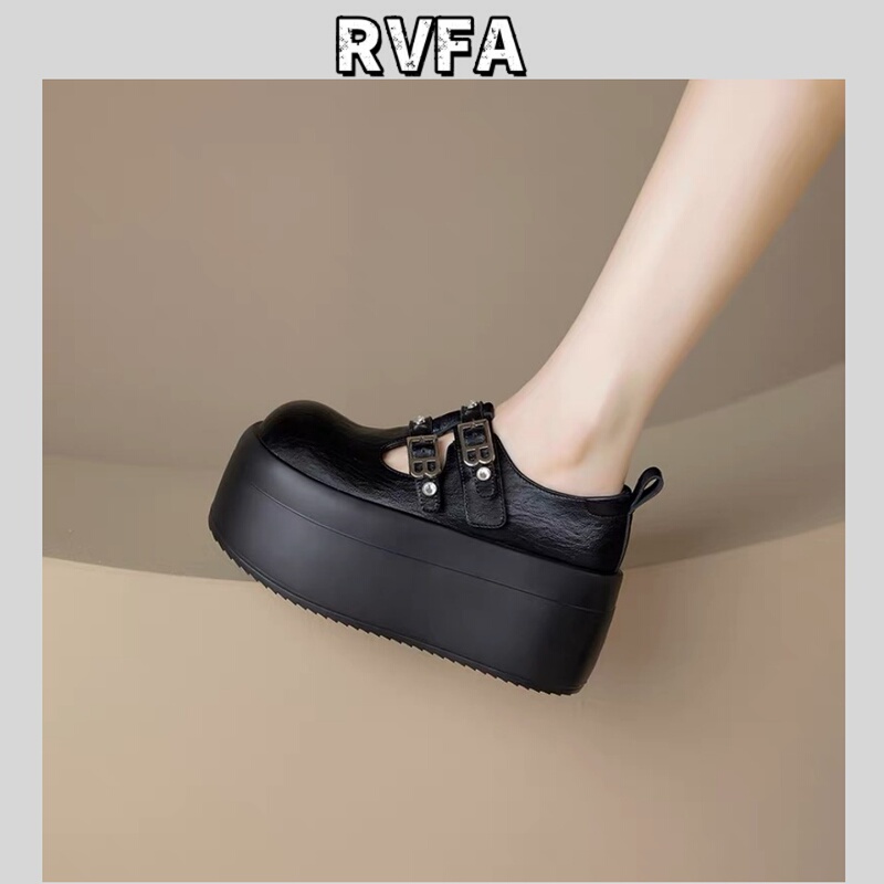 Rvfa Ultra-Lightweight 8cm Thick-Soled Mary Jane Leather Shoes for Women, Genuine Leather High-Heeled Single Shoes with Double Buckle Platform Shoes