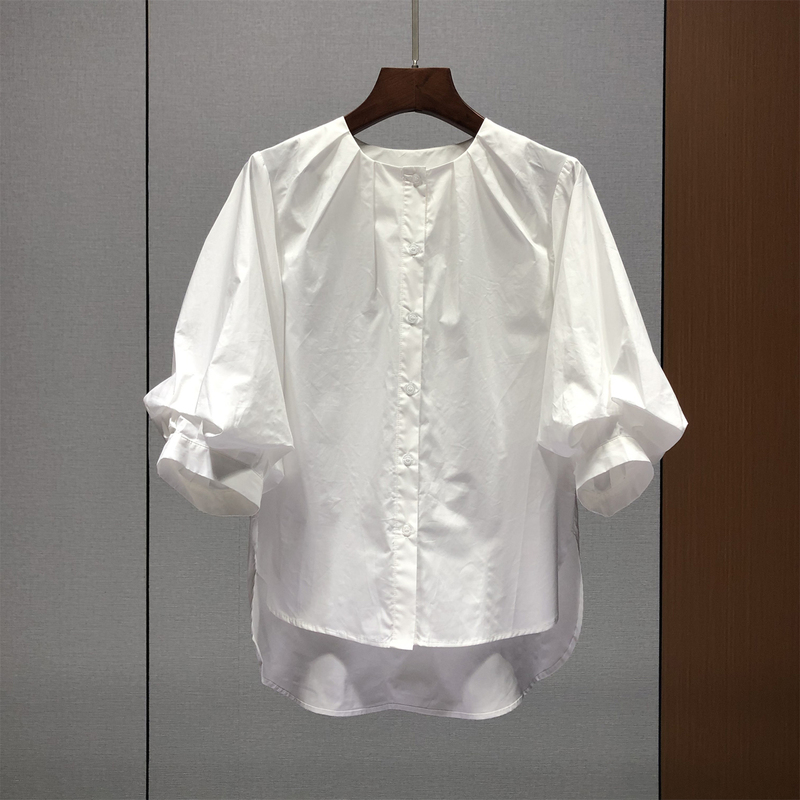 Nanyou High-Quality Goods! !Pure Cotton Asymmetrical Slit White Shirt for Women, European Style, New Summer Lantern Sleeve Top 84U21