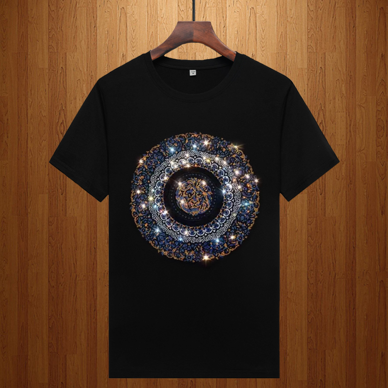 European Style Summer Modal Colorful Circle Lion Rhinestone Short-Sleeve T-Shirt for Men, Trendy Oversized Half-Sleeve Tee