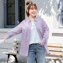 (Qingkura RMB80 ) Step up for overweight womens clothing Spring clothes Fat girls and girls retro commute loose and long style cotton polyester striped shirts