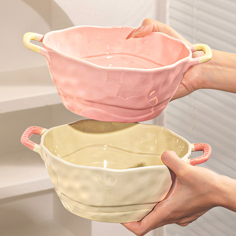 Double-Eared Soup Bowl for Home Use, 2026 New Model, High Aesthetic Instant Noodle Bowl, Cream-Style Large Bowl, Noodle Bowl, Ceramic Snail Noodle Bowl