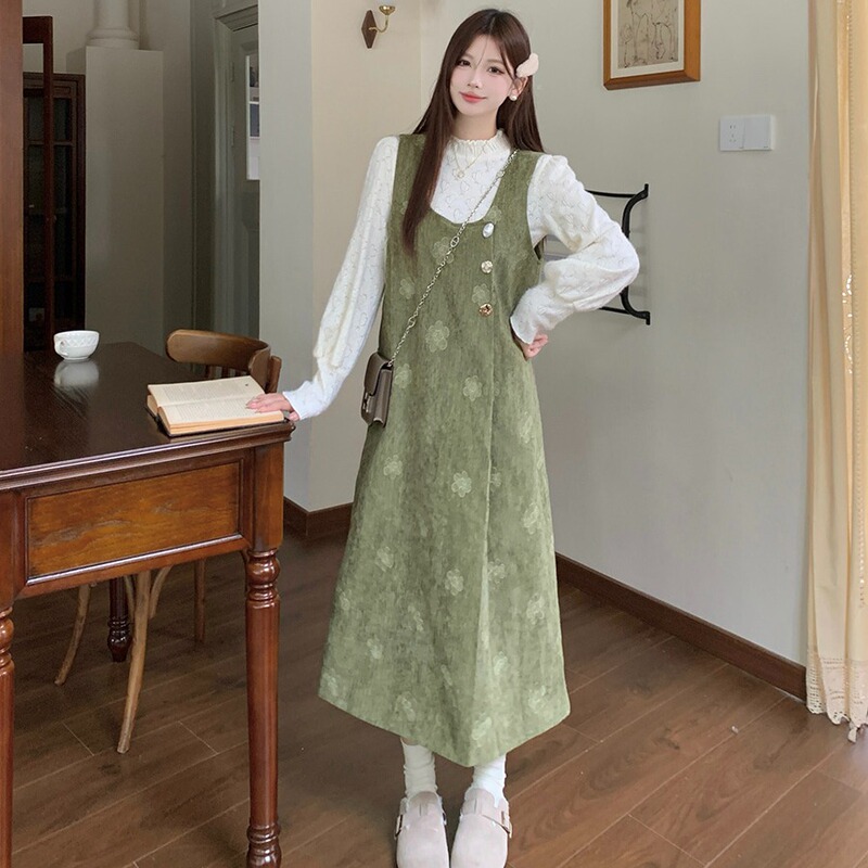 2026 New Fashion Autumn and Winter French Retro Casual Lace Base Shirt with Suspenders Maternity Dress Two-Piece Set Trendy