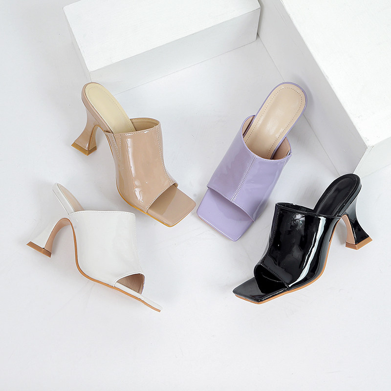 2021 summer new net red open-toed high-heeled sandals women's drag fashion patent leather outer wear thick-heeled sandals and slippers