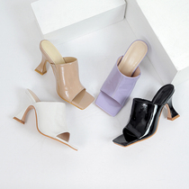 2021 summer new net red open toe high heel sandals womens drag fashion patent leather wear thick heel sandals