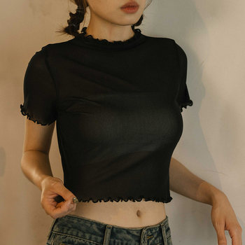 Slightly translucent mesh short-sleeved top with fungus edges