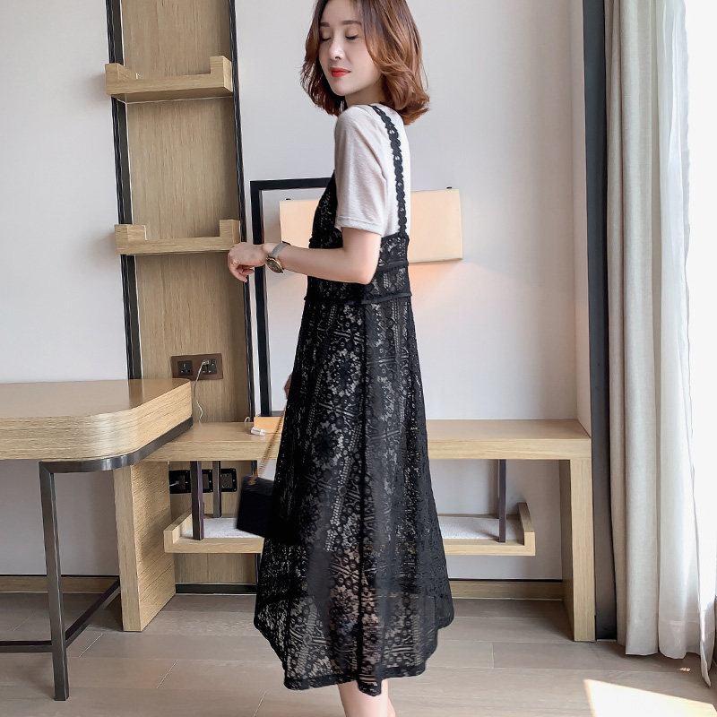 Europe station 2022 new Eurostock Temperament Black Lace Long Skirt Summer Hollowed-out Harnesses Two-style women