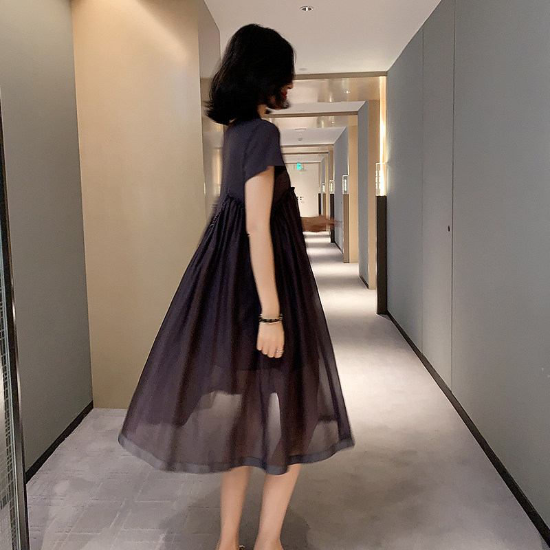 Fake two-piece dress Women's summer 2023 new European station Eurostock Tide Splicing A word for long casual fluffy dress-Taobao