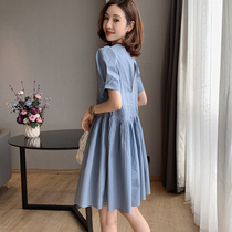 Europe station 2022 new European goods Belly Belly slim collection Waist Skirt Bubble Cuff a wordblue dress Womens summer