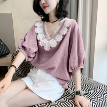 Europe Station 2022 New European Stock Tide Dolls Cotton Linen Shirts Spring Thin lanterns purple Bubble Sleeves Blouse