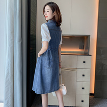 Denim Dress Dress Woman Summer 2022 New European Station Eurogoods Advanced Sensation Bubble Sleeves Fake two closets Shirt Skirt