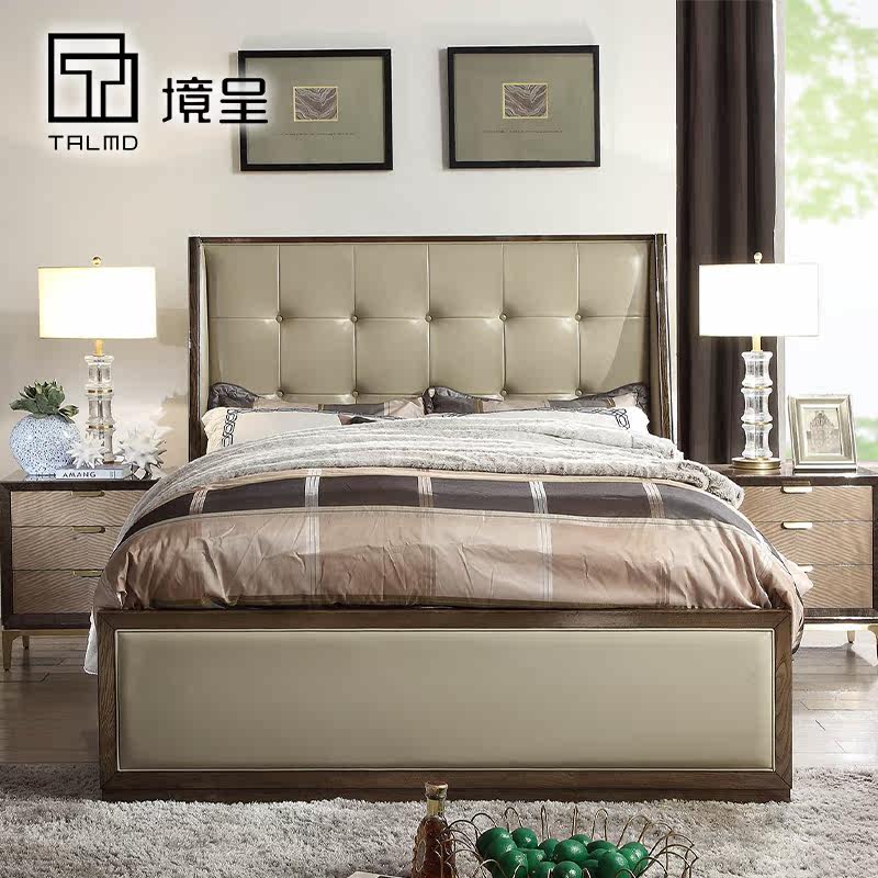 Modern minimalist master bedroom with double bed solid wood ox leather main sleeper beige new room bed 1 8 1 5 m customizable